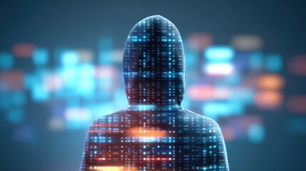 Mysterious figure in a hooded jacket stands before glowing abstract screens, representing the enigmatic world of hacking and digital privacy concerns.