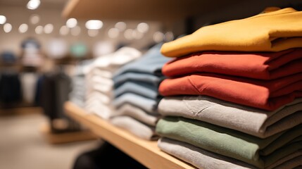 Trendy t-shirt stacks fashion store product display retail environment close-up view style concept.