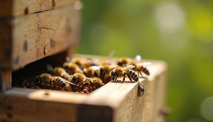 Honey bees cluster on edge of wooden hive structure. Many insects work together on sunny day. Busy pollinators gather near hive entrance in nature setting.