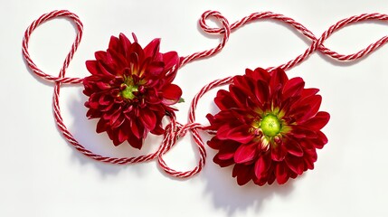 Two vibrant red dahlia flowers with green centers intertwined with a red and white striped string on a clean white background.