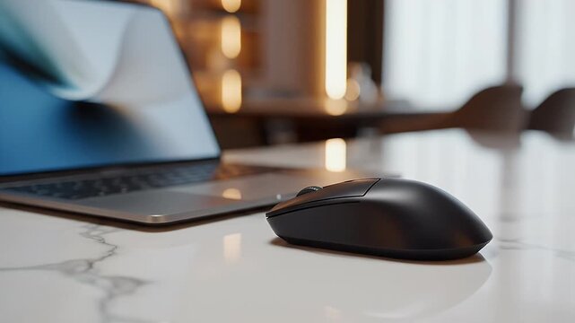 Modern workspace with laptop and wireless mouse on a marble desk showcasing productivity technology and a luxurious home office environment for remote work