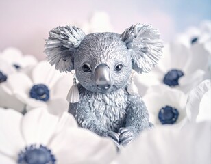Adorable silver koala with earrings in white flowers