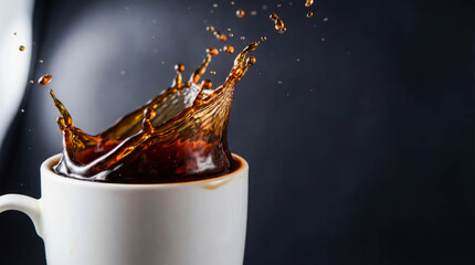 Coffee splash from ceramic cup morning espresso brown beverage dynamic motion advertisement background copy space liquid drink refreshment energy caffeine high speed photography drop swirl aroma