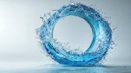 Dynamic blue water splash forming a perfect circular ring with droplets against a clean, light background, symbolizing motion and purity.