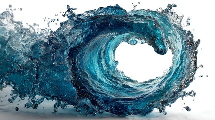 A dynamic blue water swirl with splashes and droplets against a clean white background, creating a sense of motion and fluidity.