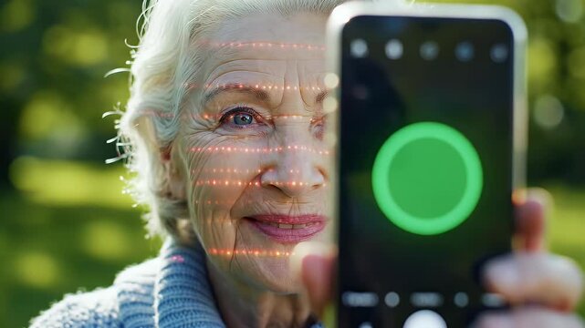 Senior woman uses facial recognition on her smartphone for secure authentication and digital identity verification in an outdoor setting