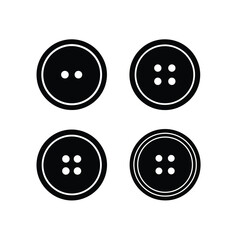a collection of four circular black buttons with two or four holes isolated on a plain white background displayed neatly
