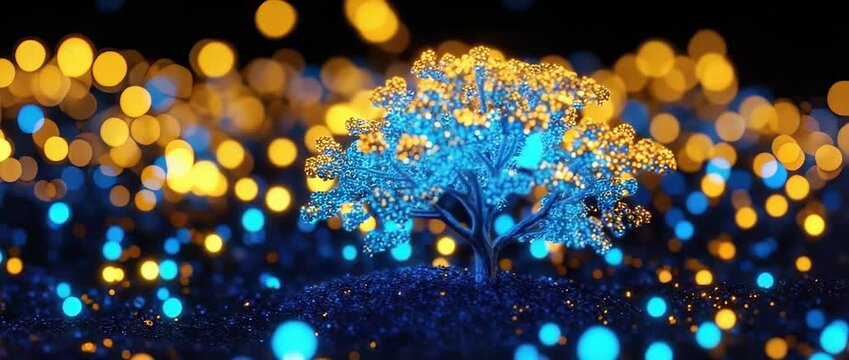 Illuminated Tree in Blue and Gold Bokeh Lightscape Abstract Nature Scene