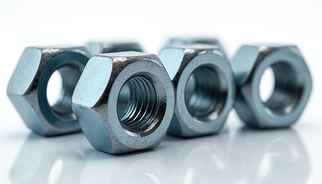 Group of metal hex nuts in a row. Shiny silver hardware threaded fasteners on a clean white surface. Industrial parts for construction and repair projects.