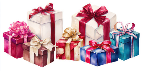 Vibrant watercolor gift boxes illustration, a celebratory group of red, pink, blue, and gold presents with ribbons and bows on white, ideal for holidays.