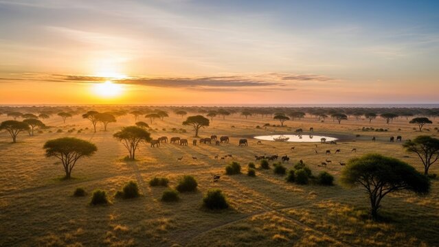 Stunning African Sunset over Serengeti with Elephants and Wildlife Gathering at Watering Hole