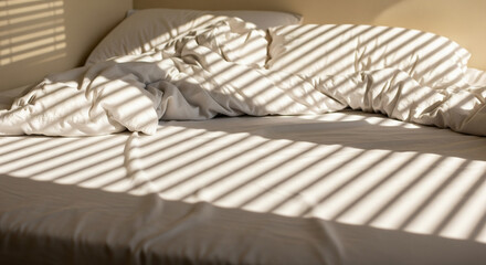 An unmade bed with white rumpled sheets covered in striped shadows from window blinds. Captures a slow, peaceful morning aesthetic