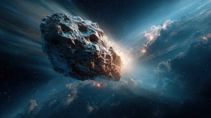 Asteroid travels through space with bright light in the background showing stars and cosmic dust at night