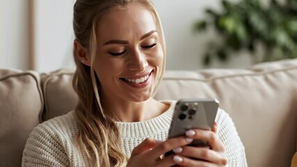 Smiling young woman relaxing on a comfortable sofa at home happily browsing her smartphone and enjoying some downtime in a cozy living room setting