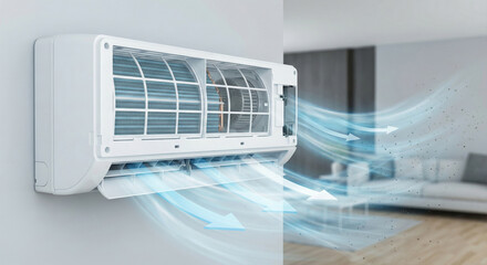 Modern split air conditioner on a wall showing clean airflow and dust particles. Cooling system maintenance and domestic air purification concept.