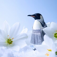 Elegant Penguin in Silver Dress Among White Flowers