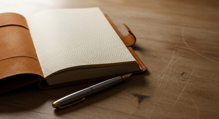 High-angle shot of an open blank notebook with a premium leather cover and a stylish fountain pen on a textured wooden table. Soft natural lighting creates a focused atmosphere for journaling