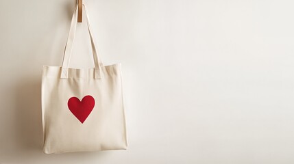 A light-colored tote bag with a red heart design hanging on a wooden peg against a white wall.