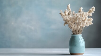 A light blue ceramic vase holding dried pampas grass against a textured blue background, creating a minimalist and serene still life.