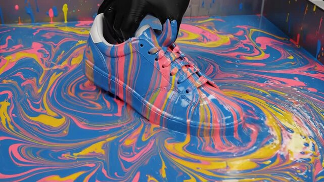 White sneaker being dipped in colorful paint