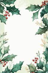Fototapeta premium Vertical watercolor holly border with beige leaves and berries. Christmas invitation template concept.