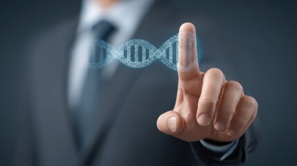 Businessman Using Digital Technology to Visualize Research Data with DNA Strand Representation in a Professional Corporate Setting