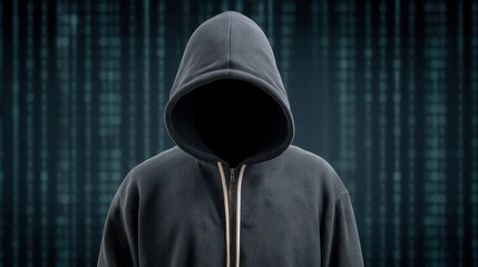 Mysterious Faceless Hacker Figure in Dark Environment with Digital Code Background for Cybersecurity and Technology Concepts