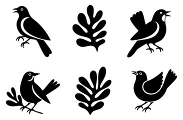 Folk art style black birds and leaves vector illustration