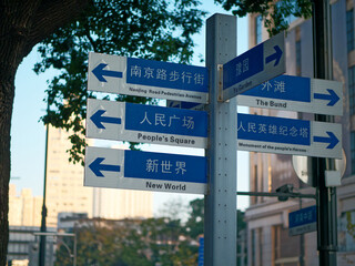 Shanghai road sign on east Nanjing road lead to Bund, Nanjing Road Pedestrian Avenue, People's Square, Yu garden and New world, with blurry city background.