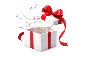 White gift box opening, red ribbon, colorful confetti flying out, celebrating surprise present concept