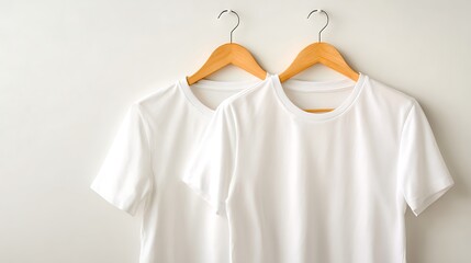 Two plain white t-shirts hanging on wooden hangers against a light background, showcasing simplicity and versatile fashion.