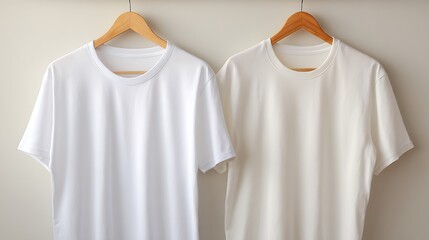 Two plain white t-shirts hanging on wooden hangers against a light background, showcasing simplicity and versatile fashion.