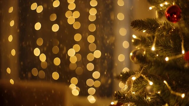 Close-up of a festive Christmas tree adorned with warm string lights and blurred bokeh background, creating a cozy holiday atmosphere.
