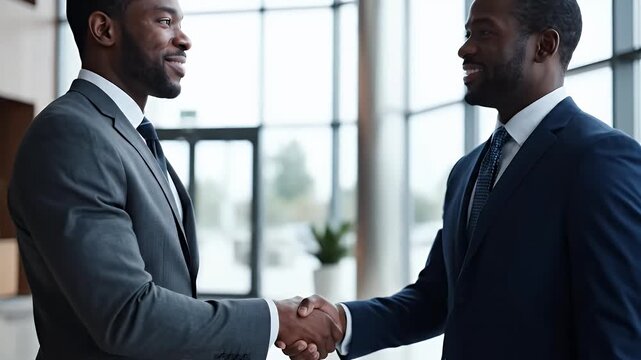 Two confident business professionals shake hands in a modern office setting signifying partnership agreement and successful deal-making a symbol of collaboration and growth