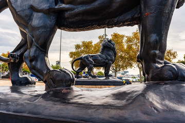 Columbus Square with the famous black statues of lions installed at the Universal Exposition in the city of Barcelona
