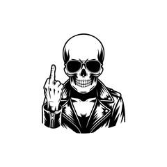 Cool skeleton biker wearing a leather jacket and bandana, making a middle finger gesture. Vector art for rock, motorcycle clubs, and rebellious themes.