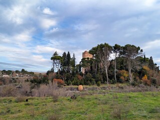 Historic tower stands among trees on a hill in a rural area during a cloudy sky in autumn
