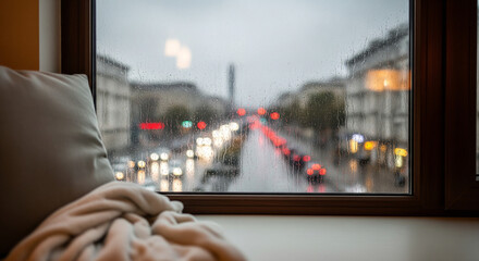 A cozy indoor window nook with a soft pillow and blanket, overlooking a blurred rainy city street with car headlights