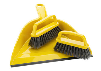 Bright yellow plastic dustpan with a serrated edge and a matching brush with grey bristles, isolated on a white background. Concept for cleaning product advertising