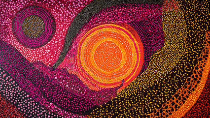 The dynamic, speed-obsessed lines of Italian Futurism executed with the traditional dot-painting technique of Australian Aboriginal art in vibrant neon ochre.