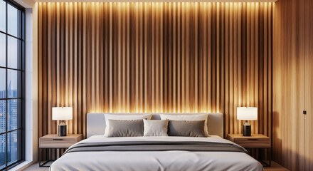 Luxurious modern bedroom with a vertical wood slat feature wall, integrated warm LED lighting, and a minimalist bed flanked by designer lamps