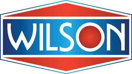 Wilson blue and red hexagonal logo with glowing sphere and white serif text vector icon