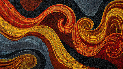 The dynamic, speed-obsessed lines of Italian Futurism executed with the traditional dot-painting technique of Australian Aboriginal art in vibrant neon ochre.