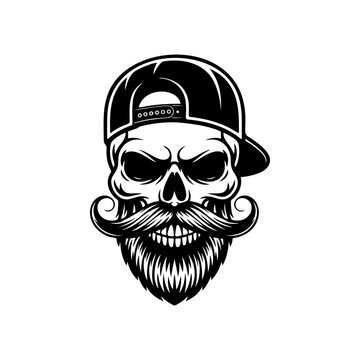 Hipster skull mascot with a detailed beard and mustache, wearing a backwards baseball cap. Cool vector for urban fashion and edgy street style.