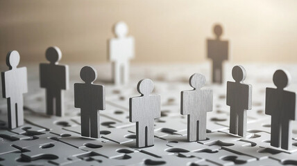 Wooden human figure network standing on puzzle pieces in soft light suggesting team connection and organizational structure