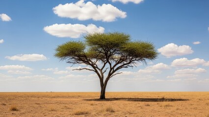 Obraz premium Iconic Acacia Tree Standing Alone in Vast African Savannah Landscape Under a Bright Blue Sky with Fluffy White Clouds