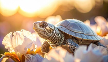 Jewelled Turtle in Iris Flowers at Sunset