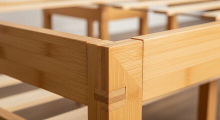 Close-up detail of a light-colored wooden bed frame showing high-quality joinery and craftsmanship