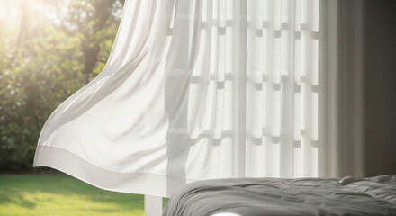 White sheer curtains blowing in a gentle breeze through an open window with a blurred view of a sunny green garden