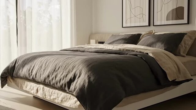 Inviting Bedroom Space Featuring a Neatly Made Bed in a Softly Lit Room Setting